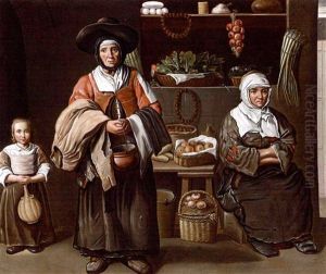 A Young Girl, A Woman And An Elderly Woman Selling Vegetables, Fruit, Bread, Nuts And Wine A Young Girl, A Woman And An Elderly Woman Selling Vegetables, Fruit, Bread, Nuts And Wine
