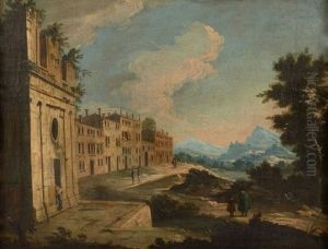 Caprice Venitien; Personnages Devant Une Ville Imaginaire Dans Un Paysage Montagneux Caprice Venitien; Personnages Devant Une Ville Imaginaire Dans Un Paysage Montagneux