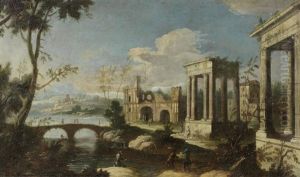 An Extensive River Landscape With Ruins