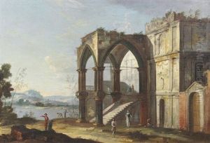 An Architectural Capriccio With Figures Before An Arch by  Master of the Langmatt Foundation Views