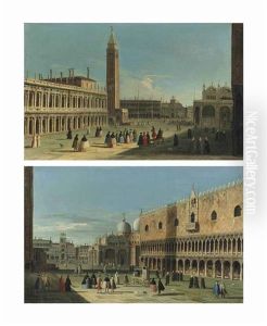 The Piazzetta, Venice, With Figures Conversing Near The Libreria And The Campanile; And The Piazetta, Venice, With Figures Watching A Puppet Show And Others Conversing Before The Ducal Palace And St. Mark"s Basilica by Master of the Langmatt Foundation Views