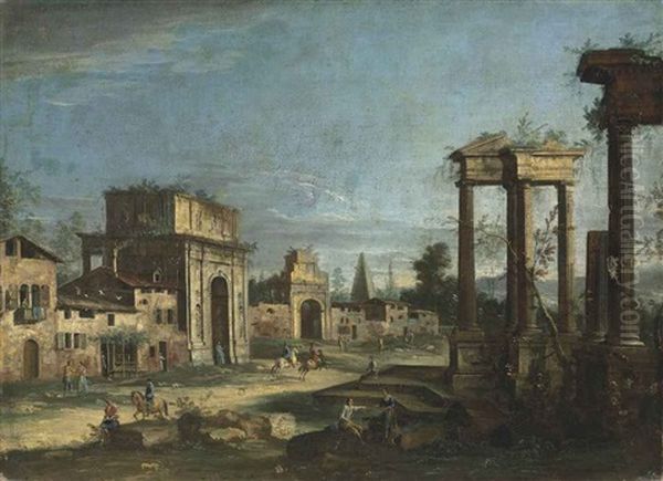 An Architectural Capriccio With Roman Ruins, With Figures Conversing In The Foreground - view 1