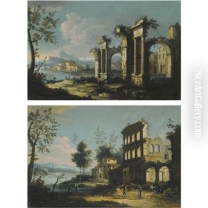 A Pair Of Capriccio River Landscapes With Figures Beneath Ancient Ruins (+ Another; Pair) A Pair Of Capriccio River Landscapes With Figures Beneath Ancient Ruins (+ Another; Pair)