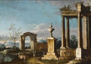 An Italianate Landscape With A Traveller On Horseback Before The Ruins Of A Temple