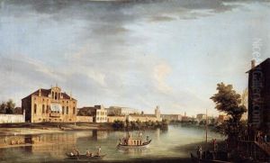 A View Of The River Brenta At Stra With The Villa Cappello And The Villa Pisani, Looking Out Towards The Gardens by Master of the Langmatt Foundation Views