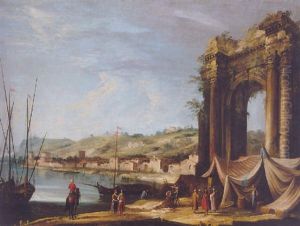 A Capriccio View Of Merchants On A Quayside Beside Roman Ruins