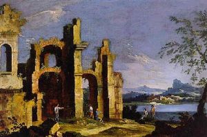 Cappriccio Of Architectural Ruins With Figures In A Landscape by Master of the Langmatt Foundation Views
