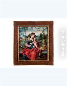Madonna Con Il Bambino In Un Paesaggio, Con Scene Della Fuga In Egitto, Vassoio Con Frutta E Pappagallo by Master of the Parrot