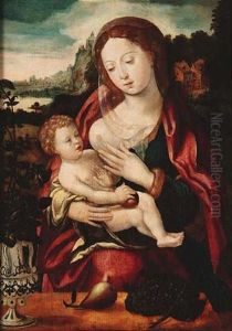 Maria Mit Kind Vor Einer Weiten Fluslandschaft by Master of the Parrot