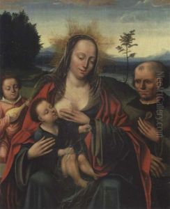 The Holy Family With An Angel Playing A Lute, In A Landscape by Master of the Parrot