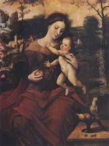 Madonna And Child Seated On A Stone Wall By S Stone Table With A Bowl Of Fruit With A Parrot, A Townscape And Landscape Beyond by Master of the Parrot
