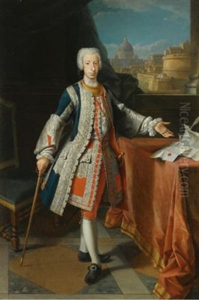 Portrait Of Francisco Pescatori Baroni Mastigoli Y Pasqual, 3rd Marquis Of San Andres De Parma, Wearing The Spanish Order Of Saint James Of The Sword, Behind Him A View Of Rome With Castel Sant'angelo And St. Peter's Basilica - view 1