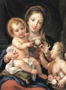The Madonna And Child With An Angel Holding A Basket Of Flowers by Agostino Masucci
