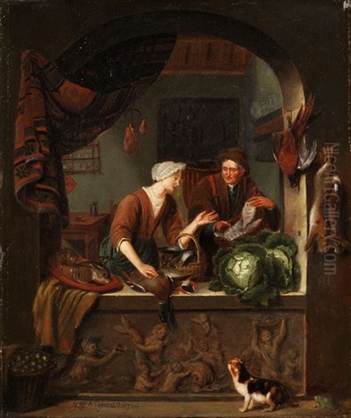 Junge Frau Mit Fischkorb, Erlegtem Federvieh, Fischen Und Gemuse, Die Zum Verkauf Ausgestellt Sind - view 1