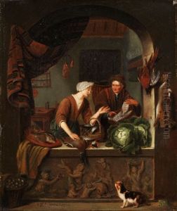 Junge Frau Mit Fischkorb, Erlegtem Federvieh, Fischen Und Gemuse, Die Zum Verkauf Ausgestellt Sind