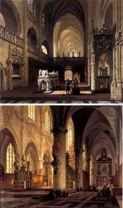 Interieur Van Een Gotische Kerk Met Figuren Bij Een Sarcofaag