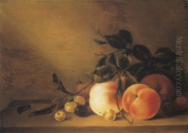 Peaches, An Apple, An Apricot, Plums And Cherries On A Ledge With A Wasp - view 1