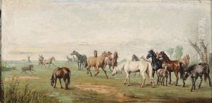 Herd Of Horses With Herdsman by Josef Mathauser