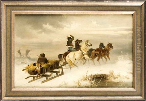 Russische Jager Auf Ihrem Viergespann In Einer Sturmischen Winterlandschaft - view 1