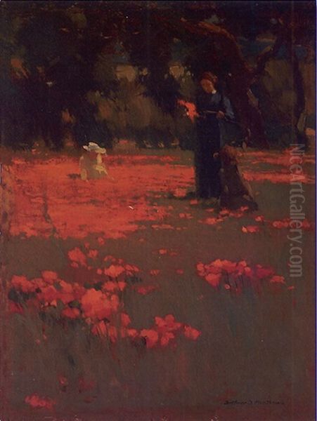 Woman And Children Picking Poppies In Landscape - view 1