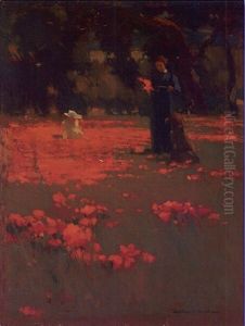 Woman And Children Picking Poppies In Landscape by Arthur Frank Mathews