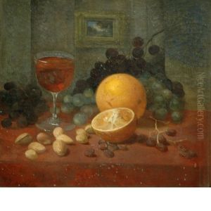 Still Life With Wine, Fruit And Nuts On A Tabletop by William Thomas Mathews