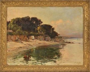 Plage Et Petit Cavalier Se Baignant