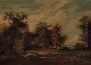 Abendstimmung Mit Rotwild Am Seeufer by Auguste Mathieu