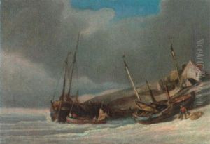 Nordfranzosische Kustenlandschaft Mit Am Strand Liegenden Fischerbooten Nordfranzosische Kustenlandschaft Mit Am Strand Liegenden Fischerbooten