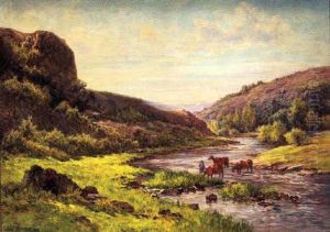 Cattle Watering In Mountainous Landscape by Gabriel Mathieu