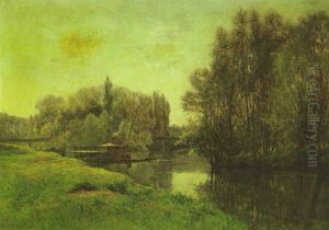 A River Landscape With A House On A Jetty And A Bridge Beyond