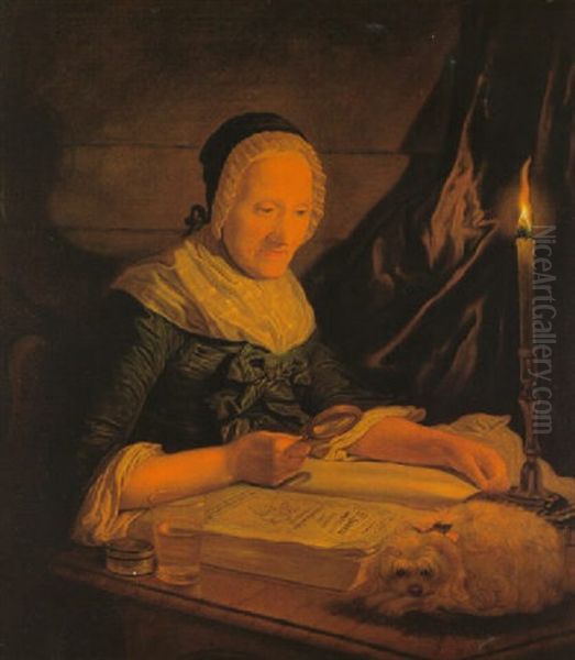 Eine Frau Beim Lesen In Einer Luther-bibel Mit Einem Hundchen - view 1