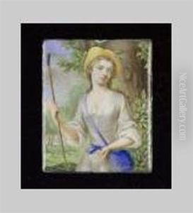 A Lady, In The Guise Of A Sherpherdess, Wearing White Dress With Blue Ribbon Waistband And Straw Hat Adorned With Pink Roses, A Gold-figured Blue Satchel On A Strap Over Her Shoulder by Jean Adam Mathieu