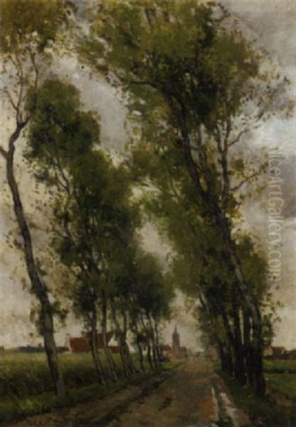 A Tree Lined Countryroad With A Village In The Distance - view 1