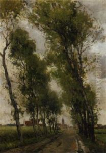 A Tree Lined Countryroad With A Village In The Distance by Paul Mathieu