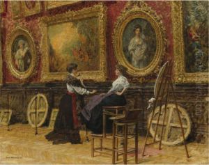 The Copyists In The Musee Du Louvre by Louis Beroud