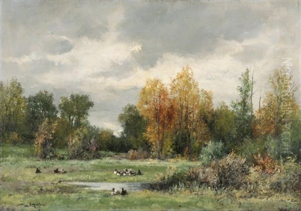 Herbstlandschaft Mit Enten Am Teich - view 1