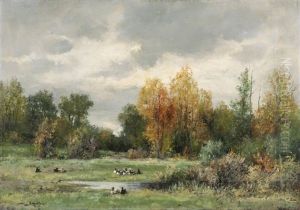 Herbstlandschaft Mit Enten Am Teich Herbstlandschaft Mit Enten Am Teich