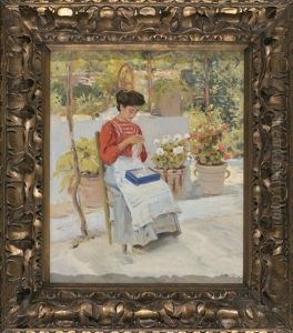 Una Joven Cosiendo En Una Terraza
