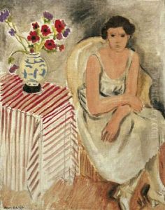Femme Sur Un Fauteuil - Fleurs Sur La Table, Ou Les Oeillets
