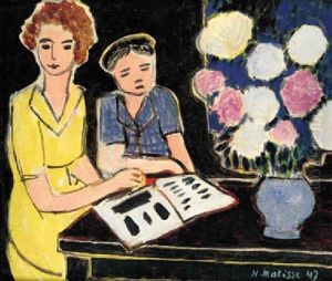 La Lecture (deux Fillettes, Bouquet De Pivoines Sur Fond Noir by Henri Matisse