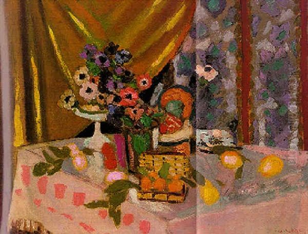 Nature Morte, Nappe Rose, Vase D'anemones, Citrons Et Ananas - view 1