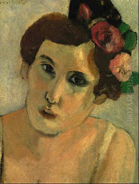 Tete De Femmme, Fleurs Dans Le Cheveux - view 1