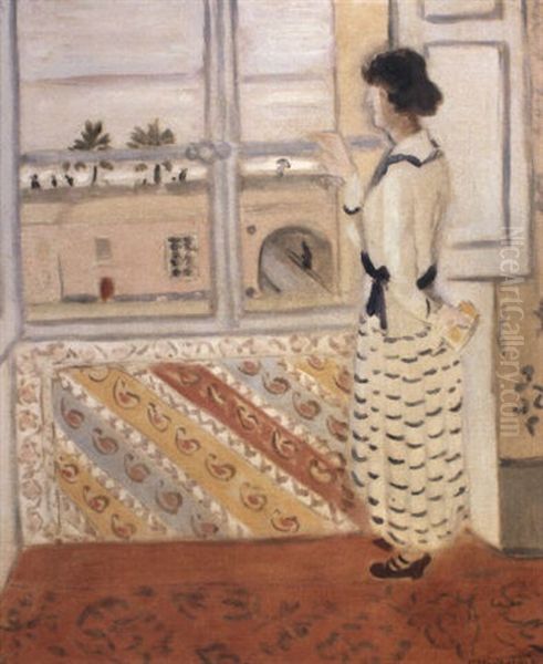 Jeune Femme A La Fenetre, Robe Rayee Bleue - view 1