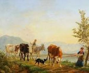 Kuhe Und Junge Hirten Auf Dem Heimweg by Jean Baptiste Berre