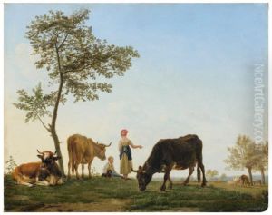 Couple De Vachers Et Troupeau by Jean Baptiste Berre