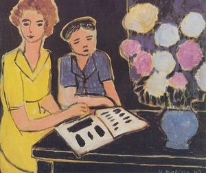 Deux Fillettes, Bouquet De Pivoines Sur Fond Noir Deux Fillettes, Bouquet De Pivoines Sur Fond Noir