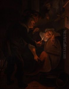 Maid In A Cellar Fallen Asleep By A Wine Cask And Found Out By Her Master by Bartholomeus Maton