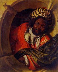 Portrait Of A Moor Holding A Flag At Window by Bartholomeus Maton
