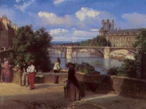 Elegant Figures By The Pont Des Arts, With The Palais Du Louvre Beyond, Paris by Louis Nicolas Matout